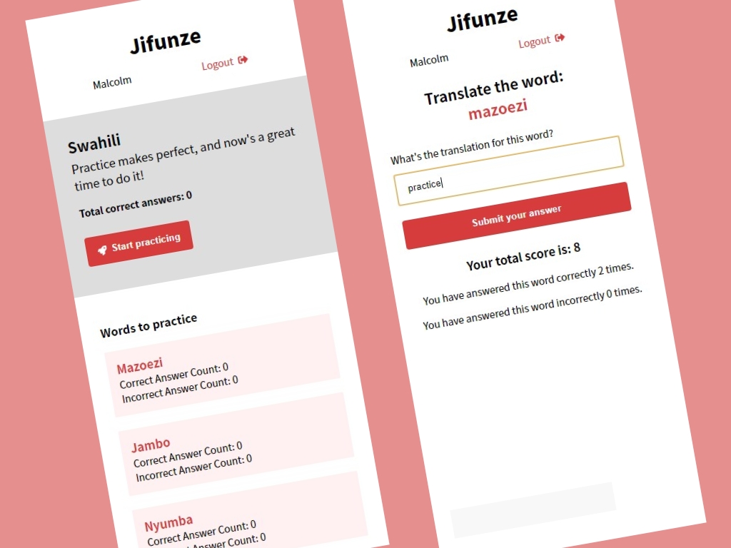 Screenshots of the Jifunze App