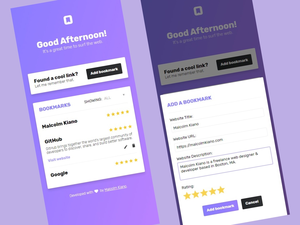 Screenshots of the Viungo Bookmarks Web App